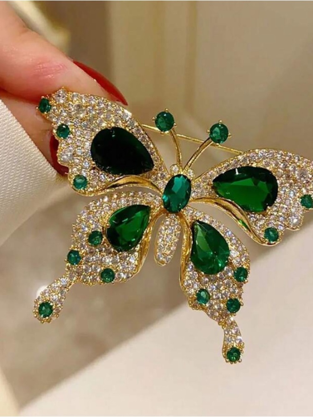 Emerald Butterfly Brooch Pin - Gold Tone Women Jewelry